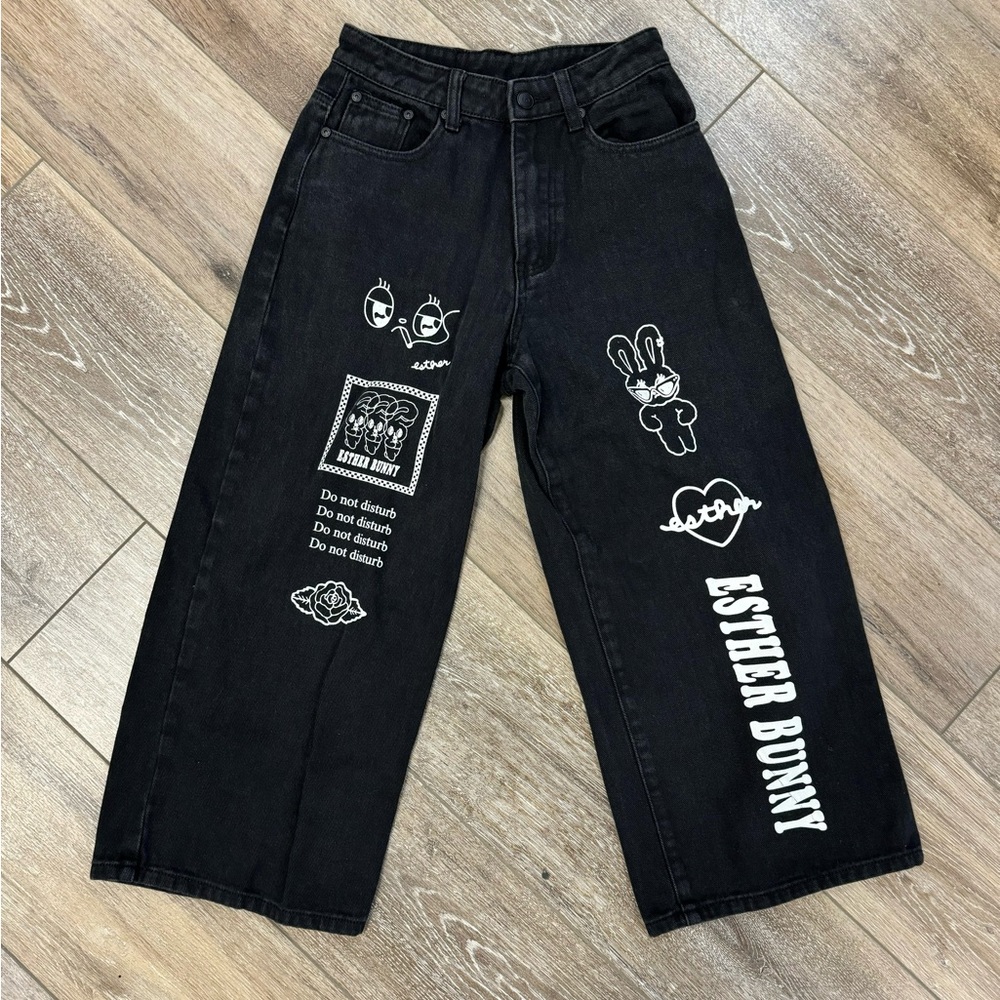 Lazy Oaf Esther Bunny black wide leg cropped pants size 26